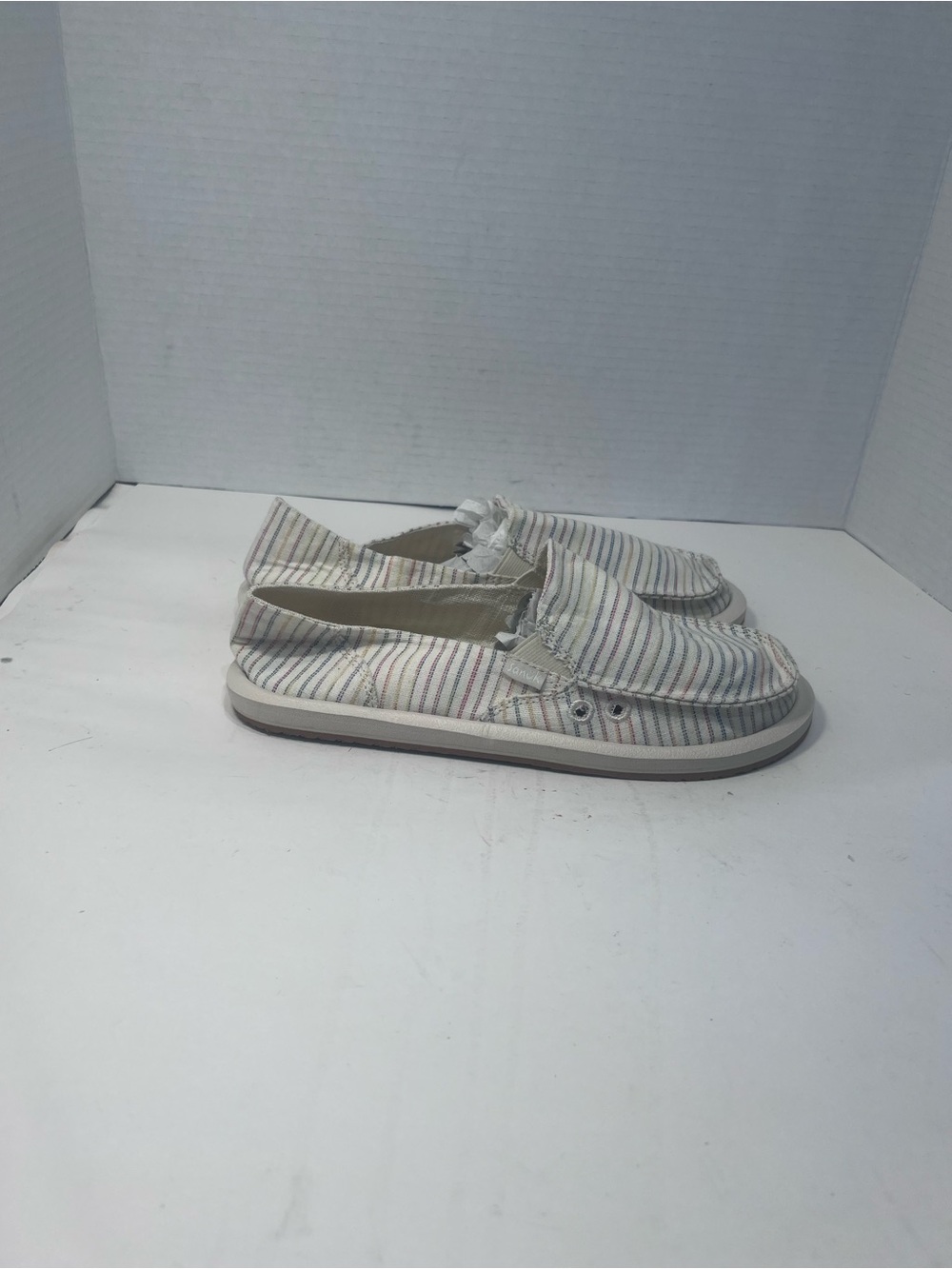 Sanuk Women's Striped Cream Canvas Slip-On Flats
